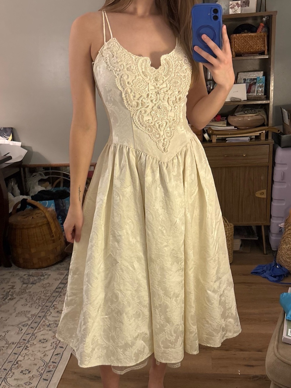 Vintage Jessica McClintock Gunne Sax Ivory Lace Bodice Midi Dress